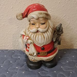 Vintage Homco Ceramic Santa Claus & Teddy Bear Coin Bank Bisque Christmas Decor